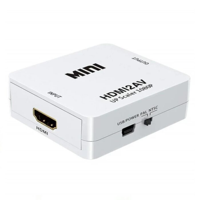 1HDMI to AV adapter for connecting HDMI devices to AV displays, supporting 1080p video and stereo audio output.1