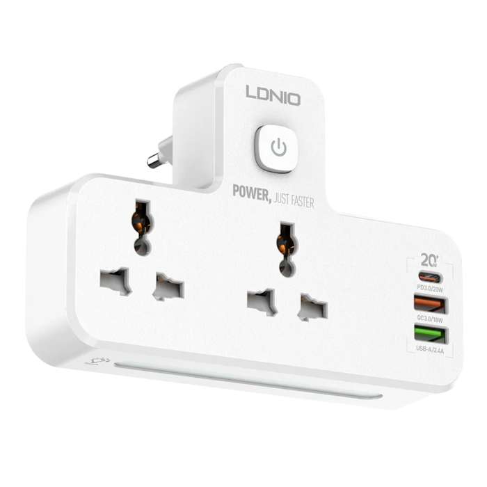 LDNIO SC2311 Power Extension with 2 outlets, 3 USB ports (PD, QC3.0), night lamp, and fire-proof design for fast charging.