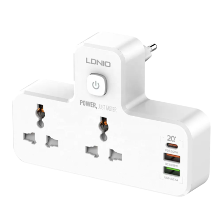 LDNIO SC2311 Power Extension with 2 outlets, 3 USB ports (PD, QC3.0), night lamp, and fire-proof design for fast charging.