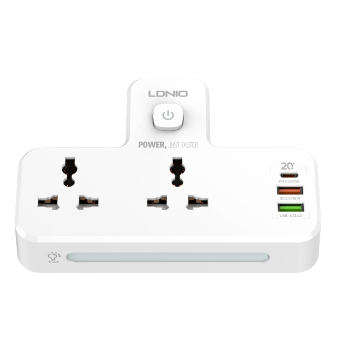 LDNIO SC2311 Power Extension with 2 outlets, 3 USB ports (PD, QC3.0), night lamp, and fire-proof design for fast charging.