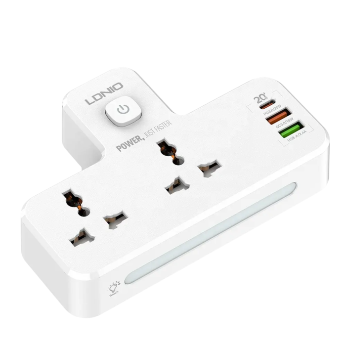 LDNIO SC2311 Power Extension with 2 outlets, 3 USB ports (PD, QC3.0), night lamp, and fire-proof design for fast charging.