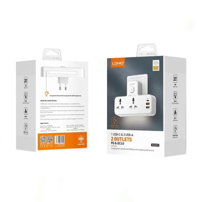 LDNIO SC2311 Power Extension with 2 outlets, 3 USB ports (PD, QC3.0), night lamp, and fire-proof design for fast charging.
