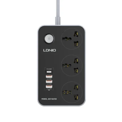 LDNIO SC3412 Extension Lead with 3 universal outlets and 4 USB ports in white, offering 38W fast charging and child safety features.