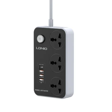 LDNIO SC3412 Extension Lead with 3 universal outlets and 4 USB ports in white, offering 38W fast charging and child safety features.