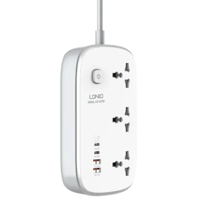 LDNIO SC3416 GAN Fast Charging Power Extension Lead with 3 outlets and 4 USB ports in white and grey, featuring GaN technology.