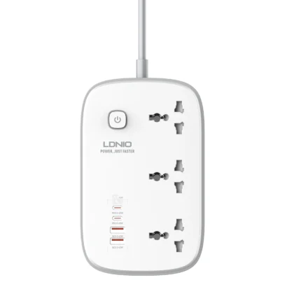 LDNIO SC3416 GAN Fast Charging Power Extension Lead with 3 outlets and 4 USB ports in white and grey, featuring GaN technology.
