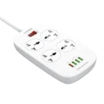 LDNIO SC4407 Power Extension Lead with 4 universal outlets and 4 USB ports, including QC3.0, in a white fireproof design.