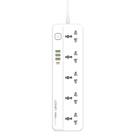 LDNIO SC5415 Power Extension Lead with 5 outlets, 4 USB ports (PD, QC3.0), and waterproof, fireproof design for safe power.