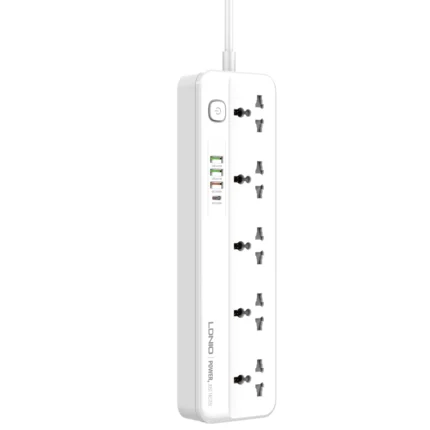 LDNIO SC5415 Power Extension Lead with 5 outlets, 4 USB ports (PD, QC3.0), and waterproof, fireproof design for safe power.