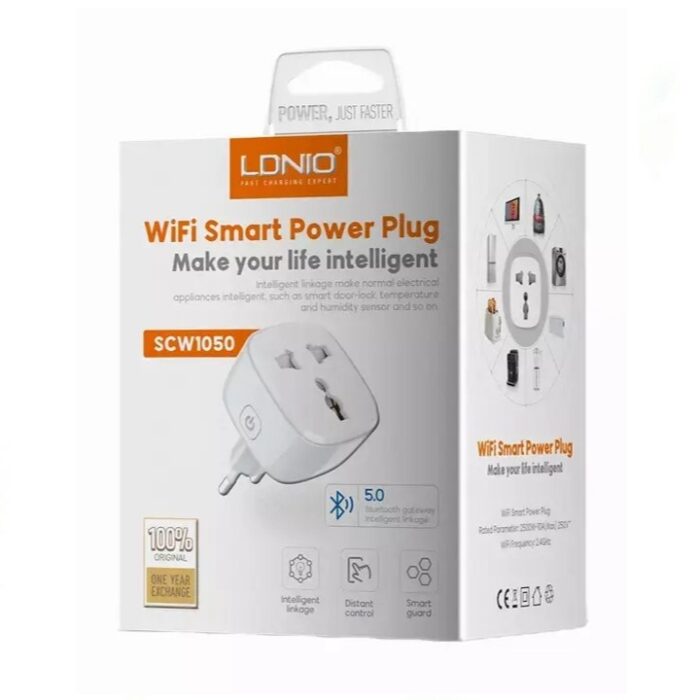 LDNIO SCW1050 Wi-Fi Smart Plug with app control, fire-resistant shell, and safety features for smart home automation.