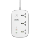 LDNIO SCW3451 Wi-Fi Smart Power Strip with 3 outlets and 4 USB ports in white and grey, featuring Wi-Fi control and fireproof design.