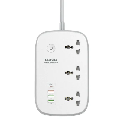LDNIO SCW3451 Wi-Fi Smart Power Strip with 3 outlets and 4 USB ports in white and grey, featuring Wi-Fi control and fireproof design.