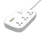 LDNIO SCW3451 Wi-Fi Smart Power Strip with 3 outlets and 4 USB ports in white and grey, featuring Wi-Fi control and fireproof design.