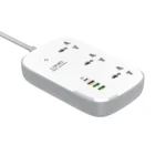 LDNIO SCW3451 Wi-Fi Smart Power Strip with 3 outlets and 4 USB ports in white and grey, featuring Wi-Fi control and fireproof design.