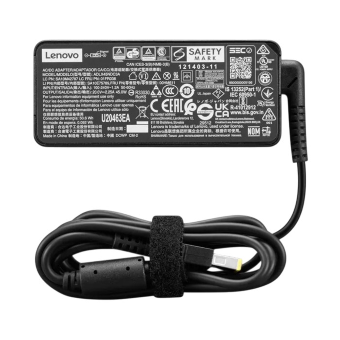 Lenovo 45W Slim Tip Adapter in black at Goma Sons Electronics, ideal for charging Lenovo laptops with slim-tip port and 1.6m cable.