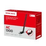 MERCUSYS MA30H AC1300 High Gain Dual Band USB Adapter with high-gain antenna plugged into a laptop via USB 2.0 port.