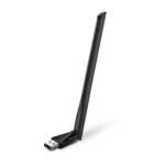 MERCUSYS MA30H AC1300 High Gain Dual Band USB Adapter with high-gain antenna plugged into a laptop via USB 2.0 port.
