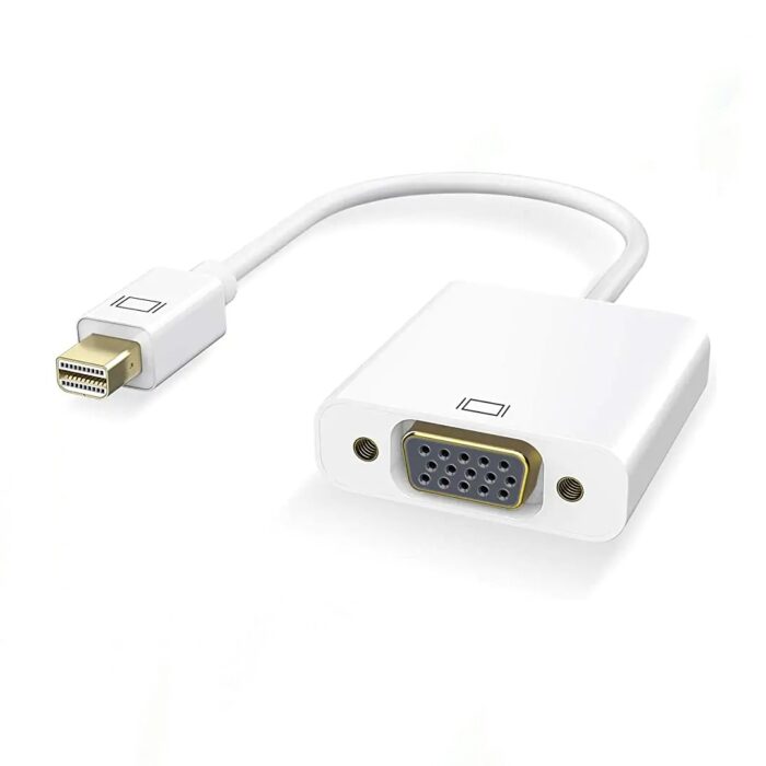 Mini DisplayPort to VGA adapter for connecting devices to VGA displays, offering Full HD resolution and a durable, plug-and-play design.
