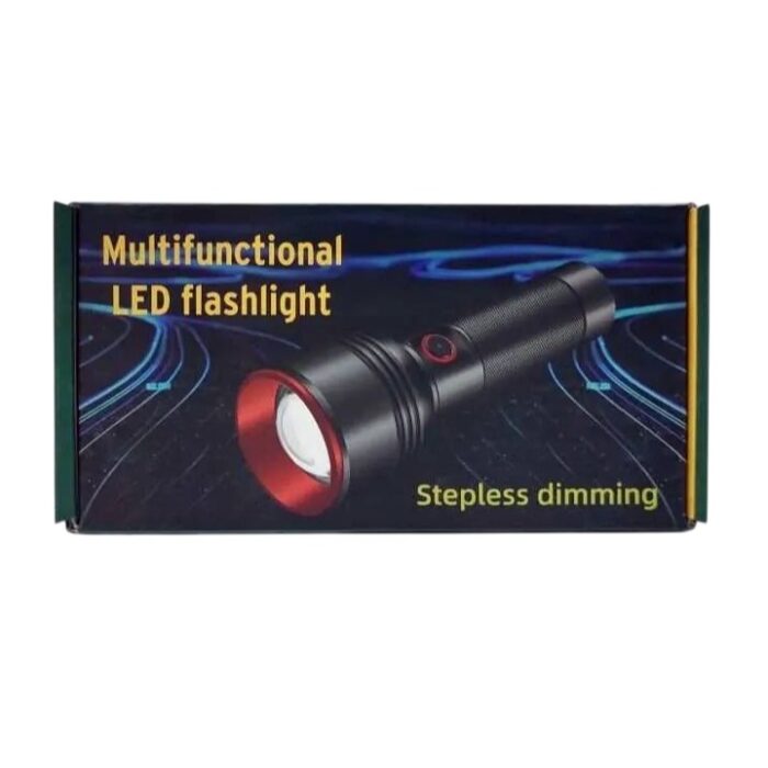 Multifunctional LED Flashlight with stepless dimming, shining bright in a dark forest, durable and portable design.