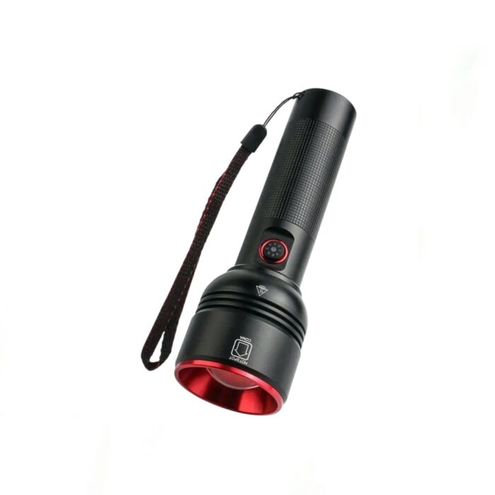 Multifunctional LED Flashlight with stepless dimming, shining bright in a dark forest, durable and portable design.
