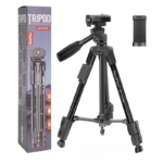 NeePho NP-3180S Professional Tripod Stand extended to 1290mm, aluminum build with bubble level, supporting a camera on a surface.