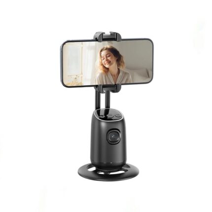 P05 Auto Face Tracking Desktop Gimbal on a desk, tracking a smartphone for video recording—compact and lightweight design.