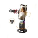 P05 Auto Face Tracking Desktop Gimbal on a desk, tracking a smartphone for video recording—compact and lightweight design.
