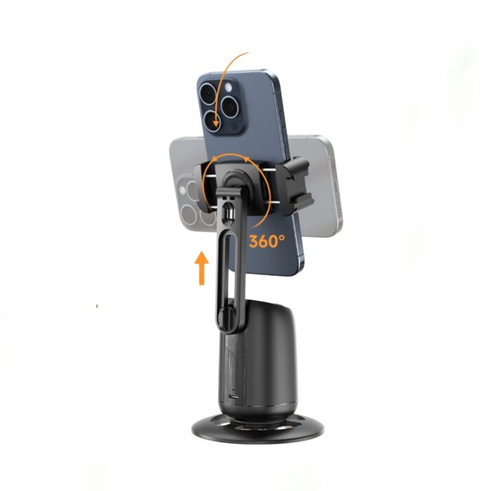 P05 Auto Face Tracking Desktop Gimbal on a desk, tracking a smartphone for video recording—compact and lightweight design.