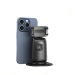 P05 Auto Face Tracking Desktop Gimbal on a desk, tracking a smartphone for video recording—compact and lightweight design.