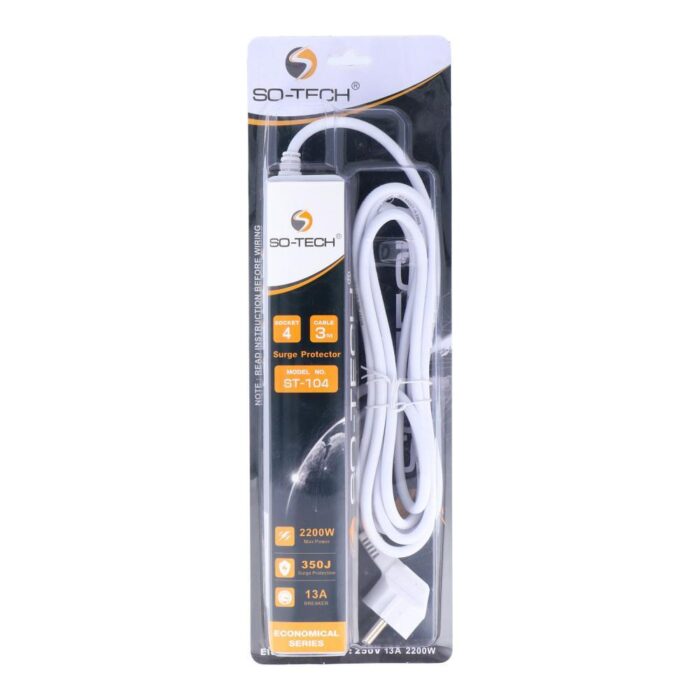 SO-TECH ST-104 Extension Lead with 4 universal sockets, 3m cord, and child-safe, fire-insulated design for reliable power.