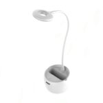 SOGO JPN-1302 white LED study lamp with mobile holder, dimmable light, and USB-rechargeable battery on a desk.