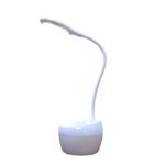 SOGO JPN-1302 white LED study lamp with mobile holder, dimmable light, and USB-rechargeable battery on a desk.