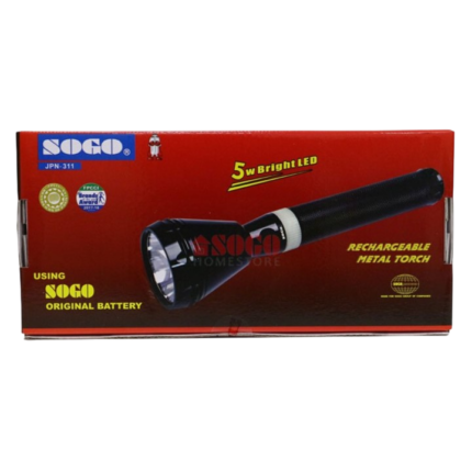 SOGO JPN-311 LED Metal Torch Light with evenly distributed focus, illuminating a dark path with a bright, consistent beam.