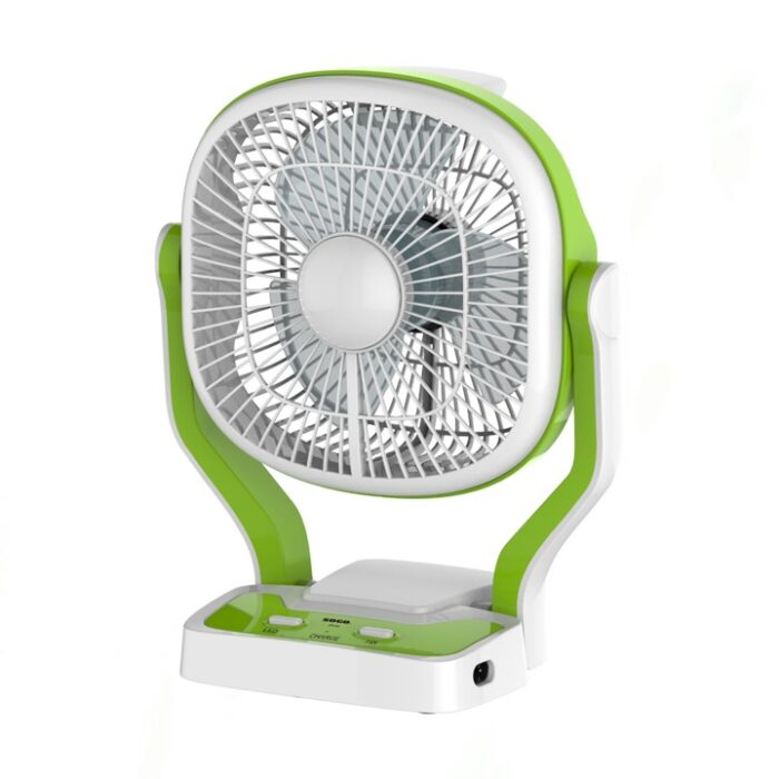 SOGO JPN-403 Rechargeable Mini Table Fan on a table, with 3-speed fan and LED light in 2 modes, powered by 2x4V 1.6Ah battery.