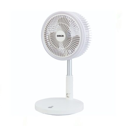 SOGO JPN-524 Rechargeable Fan on a desk, retractable and height-adjustable with 3 speeds, powered by an 8000mAh battery.