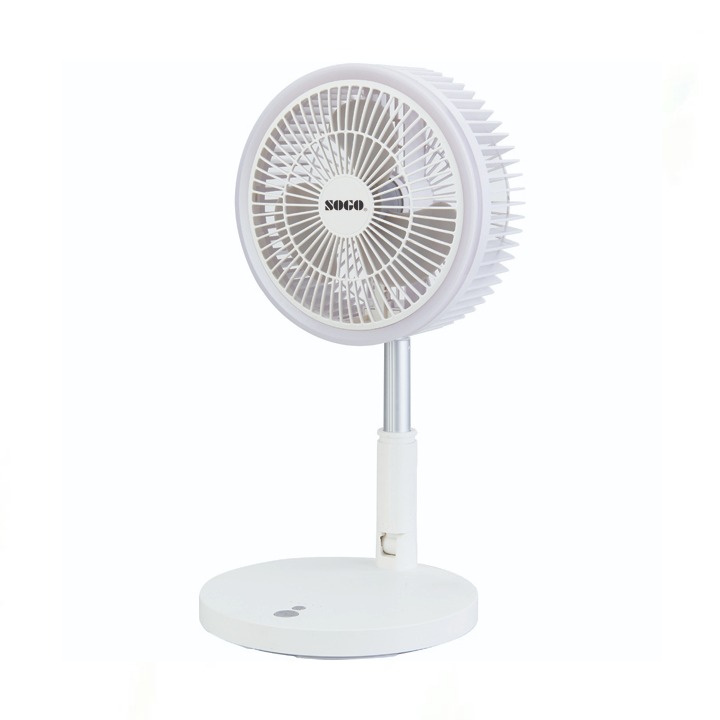 SOGO JPN-524 Rechargeable Fan SOGO JPN-524 Rechargeable Fan on a desk, retractable and height-adjustable with 3 speeds, powered by an 8000mAh battery.