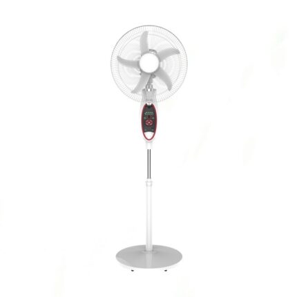 SOGO JPN-633 Rechargeable Floor Fan in a room, with 180° oscillation, 9 speeds, and 4 LED lights, powered by a 12V 4.5Ah battery.