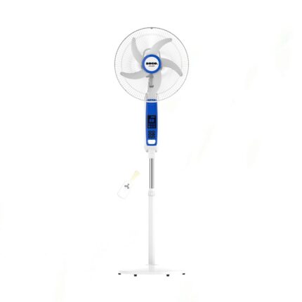 SOGO JPN-650R Rechargeable Floor Fan in a room, with 180° oscillation, 24 speeds, 4 LED lights, and remote, powered by 2x6V battery.