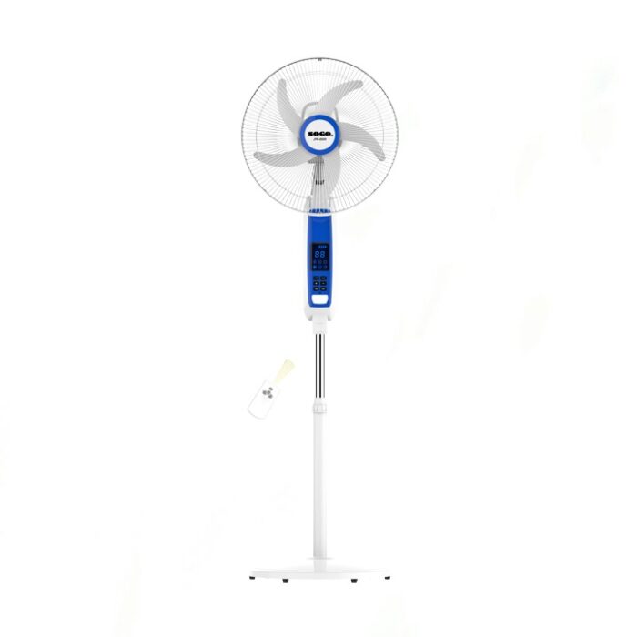 SOGO JPN-650R Rechargeable Floor Fan in a room, with 180° oscillation, 24 speeds, 4 LED lights, and remote, powered by 2x6V battery.