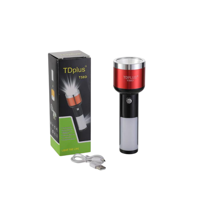T58D Rechargeable Flashlight with evenly distributed focus, casting a bright, uniform beam in a dark outdoor environment.