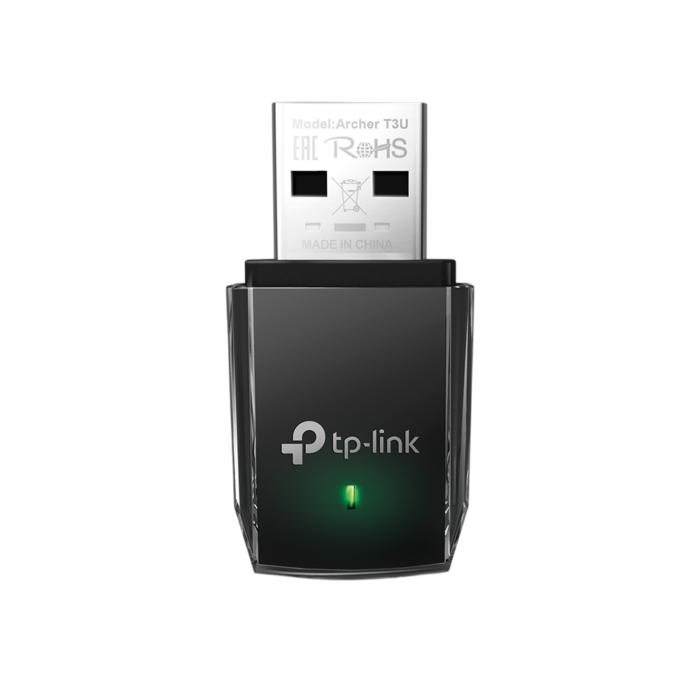 TP-Link Archer T3U AC1300 Mini Wireless MU-MIMO USB Adapter plugged into a laptop, showing its small size and USB 3.0 design.