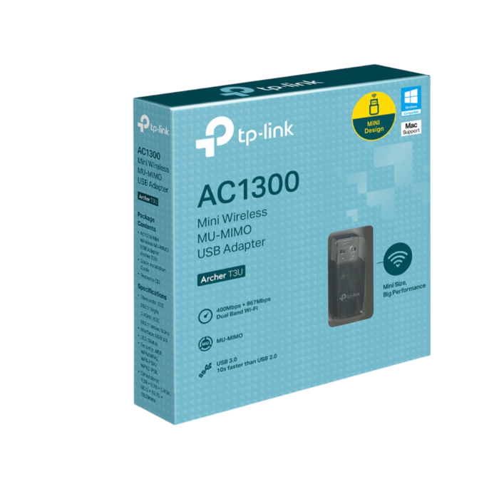 TP-Link Archer T3U AC1300 Mini Wireless MU-MIMO USB Adapter plugged into a laptop, showing its small size and USB 3.0 design.