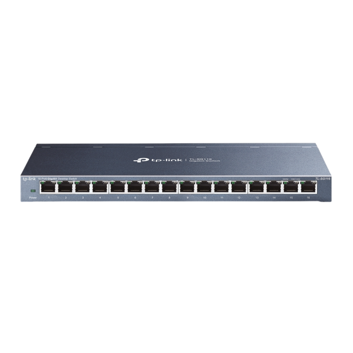 TP-Link TL-SG116 16-Port Gigabit Desktop Switch with 16 RJ45 ports in steel housing on a white background, ideal for networking.