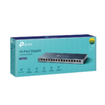 TP-Link TL-SG116 16-Port Gigabit Desktop Switch with 16 RJ45 ports in steel housing on a white background, ideal for networking.