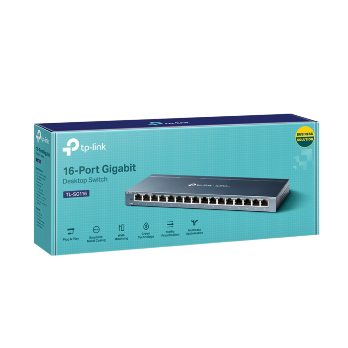 TP-Link TL-SG116 16-Port Gigabit Desktop Switch with 16 RJ45 ports in steel housing on a white background, ideal for networking.