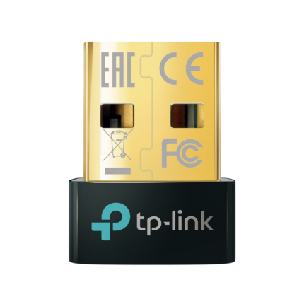 TP-Link UB500 Bluetooth 5.0 Nano USB Adapter plugged into a laptop USB port for wireless connectivity.