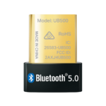 TP-Link UB500 Bluetooth 5.0 Nano USB Adapter plugged into a laptop USB port for wireless connectivity.