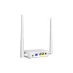 Tenda HG3 N300 Wi-Fi xPON ONT Router with evenly distributed focus, featuring 5dBi antennas, on a desk for home internet.