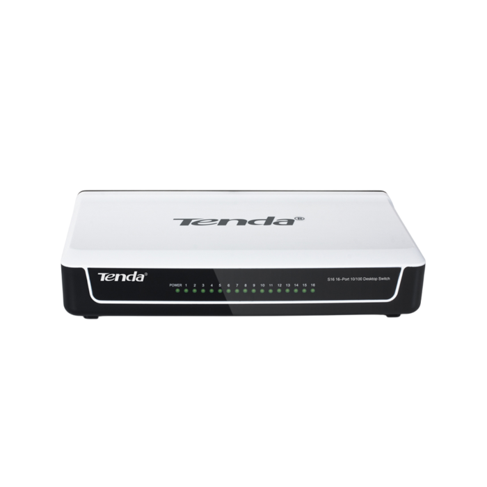 Tenda S16 - 16-Port 10/100 Desktop Switch in compact plastic case, perfect for home, office, or SMB network expansion.