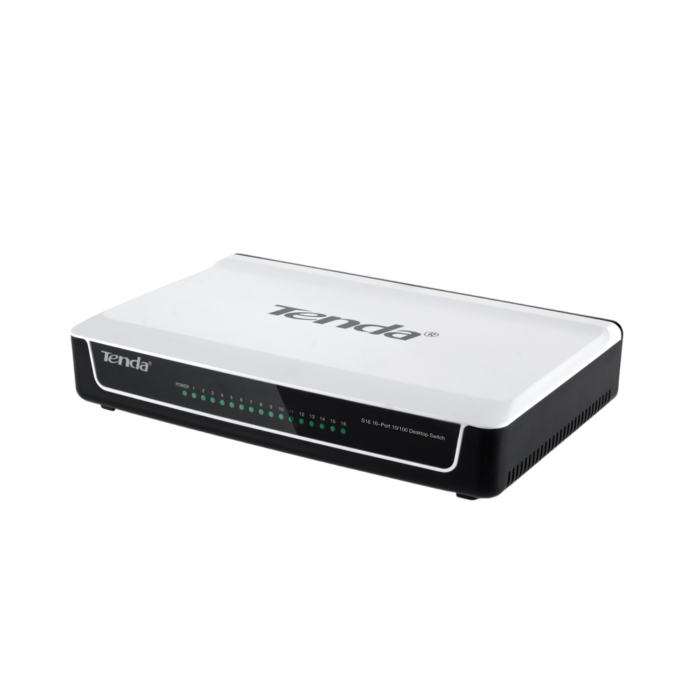 Tenda S16 - 16-Port 10/100 Desktop Switch in compact plastic case, perfect for home, office, or SMB network expansion.